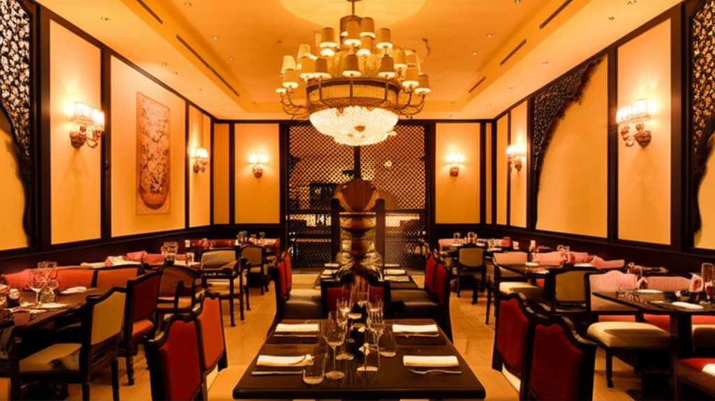 Elegant restaurant interior with warm lighting and traditional decor