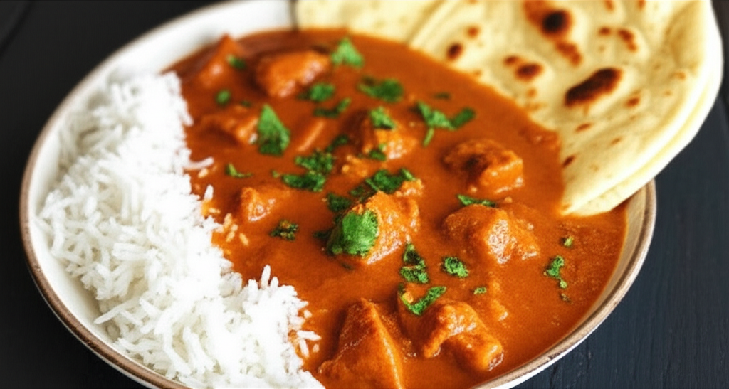 Delicious Indian curry with naan bread