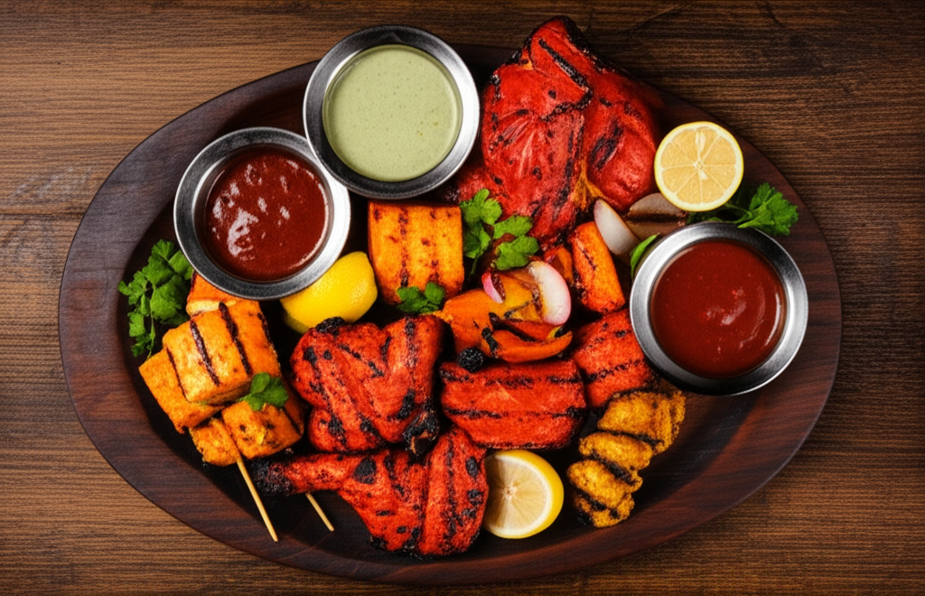 Delicious grilled Indian food platter with various meats and sauces